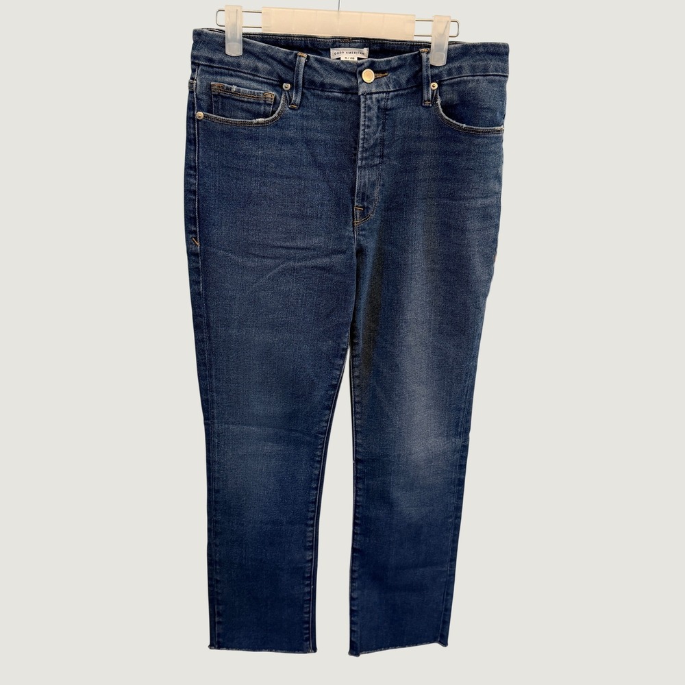 Good American Straight Leg Jeans Womens 6/28 Blue Raw Hem GSTL67TNA 1286